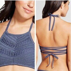 Xhilaration Womens Bikini Top Crochet High Neck Halter Lace Up Blue Size M
